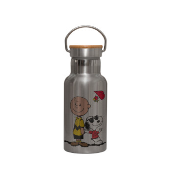 Snoopy & Joe, Μεταλλικό παγούρι θερμός (Stainless steel) Ασημένιο με ξύλινο καπακι (bamboo), διπλού τοιχώματος, 350ml