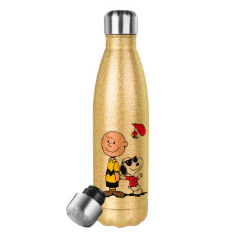 Snoopy & Joe, Μεταλλικό παγούρι θερμός Glitter χρυσό (Stainless steel), διπλού τοιχώματος, 500ml
