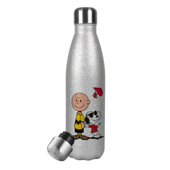 Snoopy & Joe, Μεταλλικό παγούρι θερμός Glitter Aσημένιο (Stainless steel), διπλού τοιχώματος, 500ml