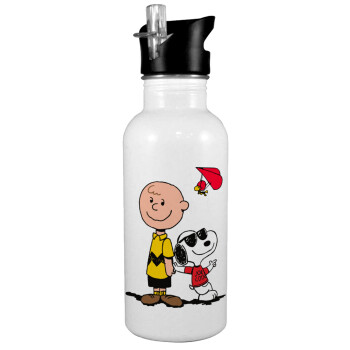 Snoopy & Joe, White water bottle with straw, stainless steel 600ml