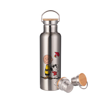 Snoopy & Joe, Stainless steel Silver with wooden lid (bamboo), double wall, 750ml