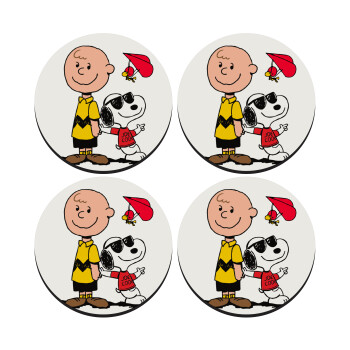 Snoopy & Joe, SET of 4 round wooden coasters (9cm)