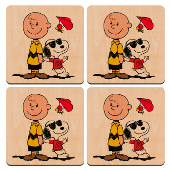 Snoopy & Joe, ΣΕΤ x4 Σουβέρ ξύλινα τετράγωνα plywood (9cm)