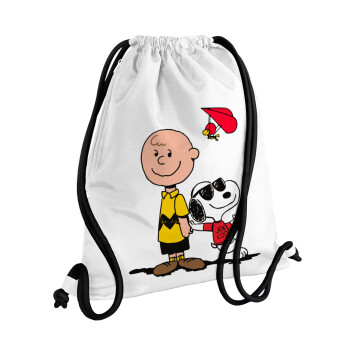 Snoopy & Joe, Τσάντα πλάτης πουγκί GYMBAG λευκή, με τσέπη (40x48cm) & χονδρά κορδόνια