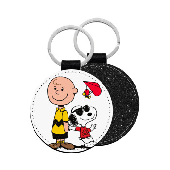 Snoopy & Joe, Μπρελόκ Δερματίνη, στρογγυλό ΜΑΥΡΟ (5cm)