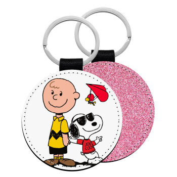 Snoopy & Joe, Μπρελόκ Δερματίνη, στρογγυλό ΡΟΖ (5cm)