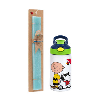 Snoopy & Joe, Easter Set, Children's thermal stainless steel bottle with safety straw, green/blue (350ml) & aromatic flat Easter candle (30cm) (TURQUOISE)