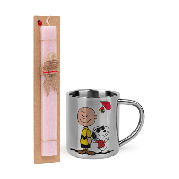 Snoopy & Joe, Easter Set, metallic thermal cup (300ml) & aromatic flat Easter candle (30cm) (PINK)