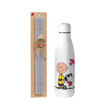 Snoopy & Joe, Easter Set, metallic stainless thermos bottle (500ml) & scented flat Easter candle (30cm) (GRAY)