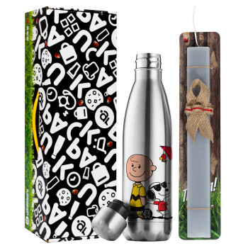 Snoopy & Joe, Easter Set, metallic stainless thermos flask (500ml) & scented flat Easter candle (30cm) (GRAY)