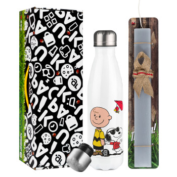 Snoopy & Joe, Easter candle, metallic white thermos bottle (500ml) & aromatic flat candle (30cm) (GRAY)
