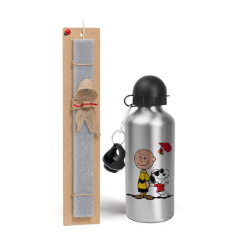Snoopy & Joe, Easter Set, metallic silver aluminum water bottle (500ml) & aromatic flat Easter candle (30cm) (GRAY)