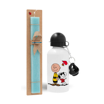 Snoopy & Joe, Easter Set, metallic aluminum water bottle (500ml) & scented flat candle (30cm) (TURQUOISE)
