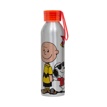 Snoopy & Joe, Αλουμινένιο Αθλητικό Μπουκάλι 650ml – Ασημί με Κόκκινο Καπάκι και Λουράκι Σιλικόνης