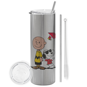 Snoopy & Joe, Eco friendly stainless steel Silver tumbler 600ml, with metal straw & cleaning brush