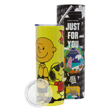 Snoopy & Joe, Neon Yellow Travel Tumbler, with metal straw (Stainless steel 304 Food grade, BPA free, 600ml)