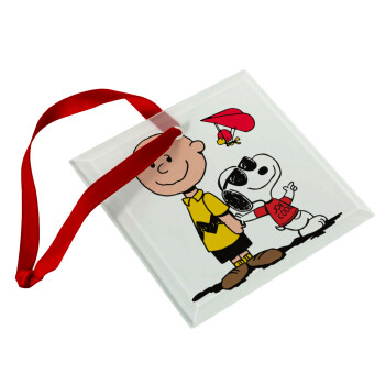 Snoopy & Joe, Χριστουγεννιάτικο στολίδι γυάλινο τετράγωνο 9x9cm