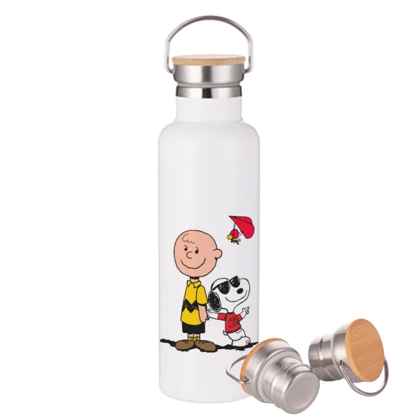 Snoopy & Joe — Μεταλλικό παγούρι θερμός (Stainless steel) Λευκό με ξύλινο καπάκι (bamboo), διπλού τοιχώματος, 750ml