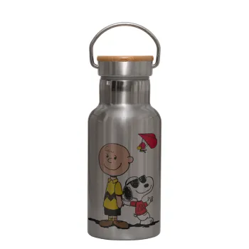 Snoopy & Joe, Stainless steel metallic thermos flask, silver with a bamboo lid, double-walled, 350ml.