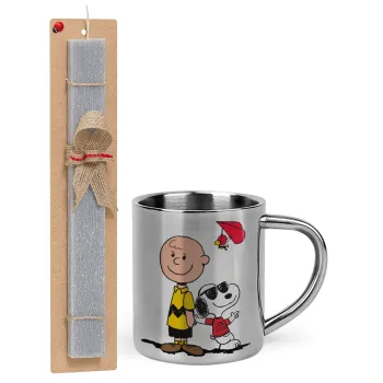 Snoopy & Joe, Easter Set, metallic thermal cup (300ml) & Easter aromatic flat candle (30cm) (GRAY)