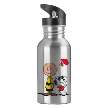 Snoopy & Joe, Water bottle Silver with straw, stainless steel 600ml