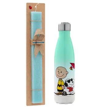 Snoopy & Joe, Easter Set, Metallic green/white thermos (Stainless steel), double-walled, 500ml & scented flat Easter candle (30cm) (TURQUOISE)