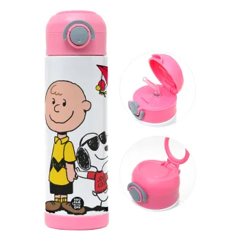 Snoopy & Joe, Παιδικό παγούρι θερμό, ανοξείδωτο, με καλαμάκι ασφαλείας, ΡΟΖ (500ml)