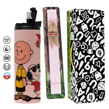 Snoopy & Joe, Πασχαλινή Λαμπάδα με  ΡΟΖ Travel Tumbler θερμό (600ml, BPA free) & κερί αρωματικό πλακέ (30cm) (ΡΟΖ)
