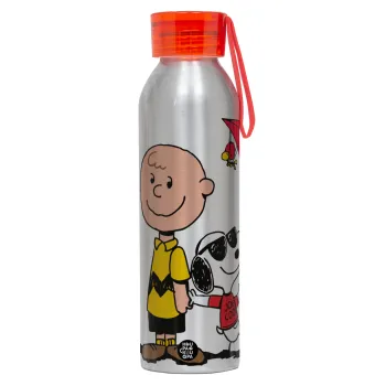 Snoopy & Joe, Αλουμινένιο Αθλητικό Μπουκάλι 650ml – Ασημί με Κόκκινο Καπάκι και Λουράκι Σιλικόνης