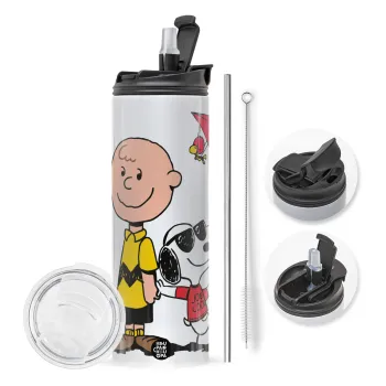 Snoopy & Joe, Travel Tumbler θερμό με διπλό καπάκι, μεταλλικό καλαμάκι και βούρτσα καθαρισμού (Ανωξείδωτο 304 Food grade, BPA free, 600ml)