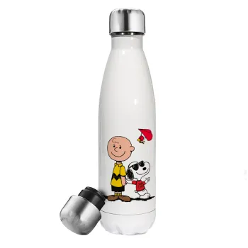 Snoopy & Joe, Μεταλλικό παγούρι θερμός Λευκό (Stainless steel), διπλού τοιχώματος, 500ml