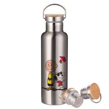 Snoopy & Joe, Μεταλλικό παγούρι θερμός (Stainless steel) Ασημένιο με ξύλινο καπακι (bamboo), διπλού τοιχώματος, 750ml