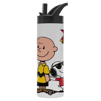 Snoopy & Joe, Metallic thermos bottle with straw & handle, stainless steel (Stainless steel 304), double-walled, 600ml.