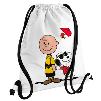 Snoopy & Joe, Τσάντα πλάτης πουγκί GYMBAG λευκή, με τσέπη (40x48cm) & χονδρά κορδόνια