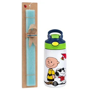 Snoopy & Joe, Πασχαλινή Λαμπάδα με Παιδικό παγούρι θερμό, ανοξείδωτο, με καλαμάκι ασφαλείας, πράσινο/μπλε (350ml) & κερί αρωματικό πλακέ (30cm) (ΤΙΡΚΟΥΑΖ)
