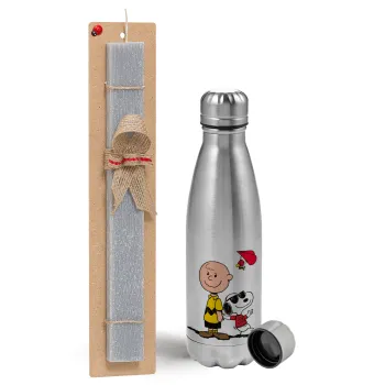 Snoopy & Joe, Easter Set, metallic Inox water bottle (750ml) & aromatic flat Easter candle (30cm) (GRAY)
