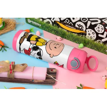 Snoopy & Joe, Easter candle, Childrens hot water bottle, stainless steel, with safety straw, PINK (500ml)