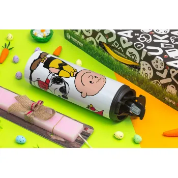 Snoopy & Joe, Easter candle,Travel Tumbler 2 Lids, with metal straw & cleaning brush & aromatic flat candle (30cm) (PINK)