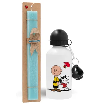 Snoopy & Joe, Easter Set, metallic aluminum water bottle (500ml) & scented flat candle (30cm) (TURQUOISE)