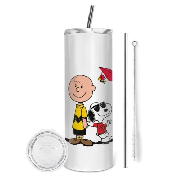 Snoopy & Joe, Tumbler ποτήρι θερμό από ανοξείδωτο ατσάλι 600ml, με μεταλλικό καλαμάκι & βούρτσα καθαρισμού