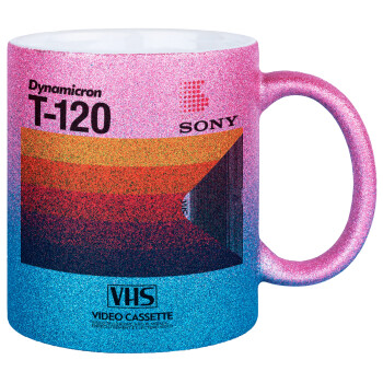VHS sony dynamicron T-120, Κούπα Χρυσή/Μπλε Glitter, κεραμική, 330ml