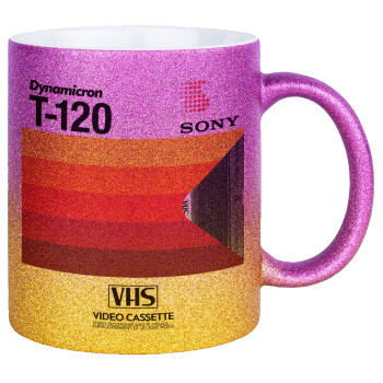 VHS sony dynamicron T-120, Κούπα Χρυσή/Ροζ Glitter, κεραμική, 330ml