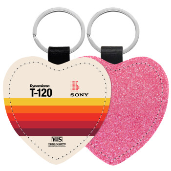 VHS sony dynamicron T-120, Μπρελόκ PU δερμάτινο glitter καρδιά ΡΟΖ