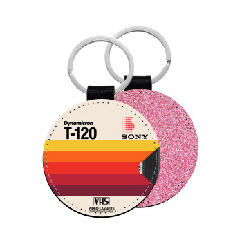 VHS sony dynamicron T-120, Μπρελόκ Δερματίνη, στρογγυλό ΡΟΖ (5cm)