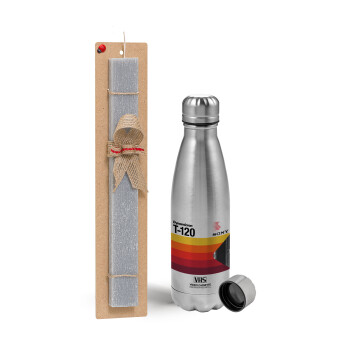 VHS sony dynamicron T-120, Easter Set, metallic Inox water bottle (750ml) & aromatic flat Easter candle (30cm) (GRAY)