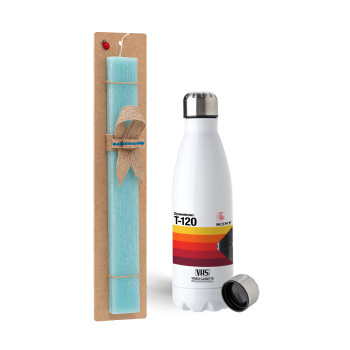 VHS sony dynamicron T-120, Easter Set, metallic stainless steel water bottle (750ml) & aromatic flat Easter candle (30cm) (TURQUOISE)