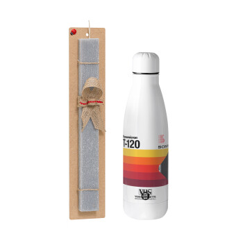 VHS sony dynamicron T-120, Easter Set, metallic stainless thermos bottle (500ml) & scented flat Easter candle (30cm) (GRAY)