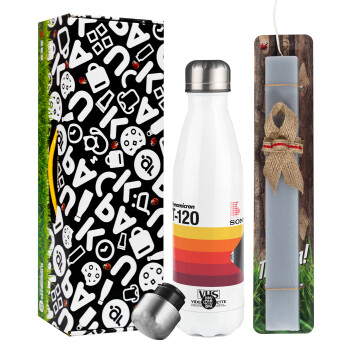 VHS sony dynamicron T-120, Easter candle, metallic white thermos bottle (500ml) & aromatic flat candle (30cm) (GRAY)
