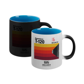 VHS sony dynamicron T-120, Κούπα Μαγική εσωτερικό μπλε, κεραμική 330ml που αλλάζει χρώμα με το ζεστό ρόφημα