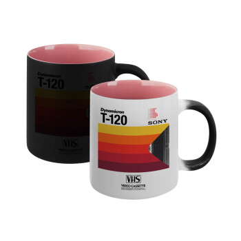 VHS sony dynamicron T-120, Κούπα Μαγική εσωτερικό ΡΟΖ, κεραμική 330ml που αλλάζει χρώμα με το ζεστό ρόφημα